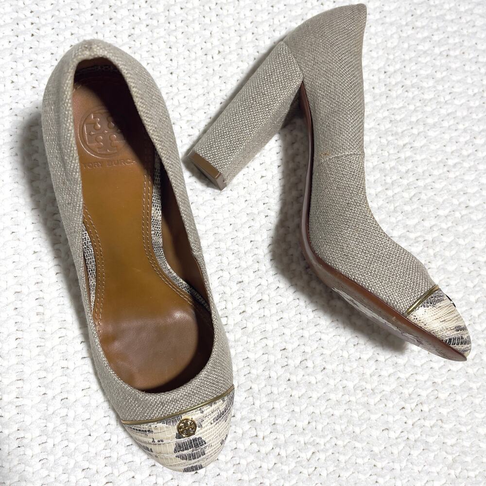 Tory Burch SZ 7 Beige Canvas Block Heel - Picture 3 of 10